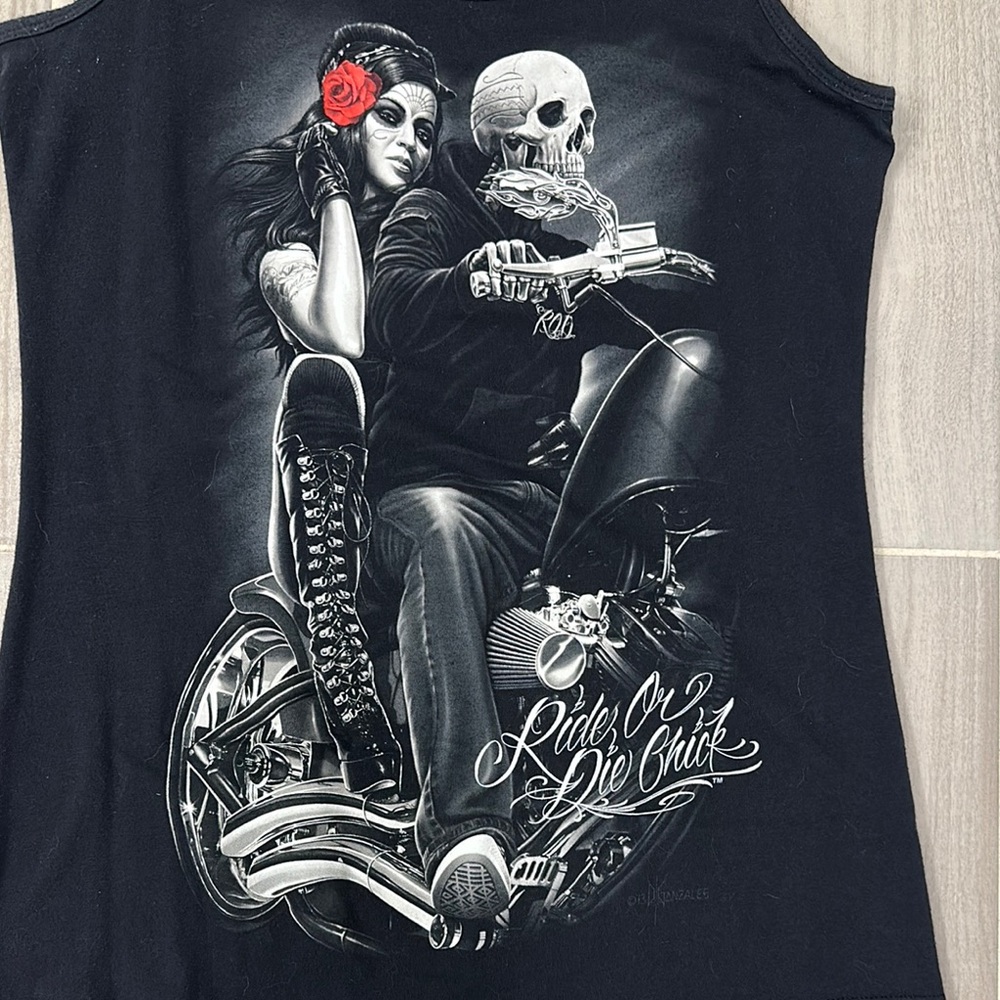 Black Graphic Tank Top with Skeleton and Rose